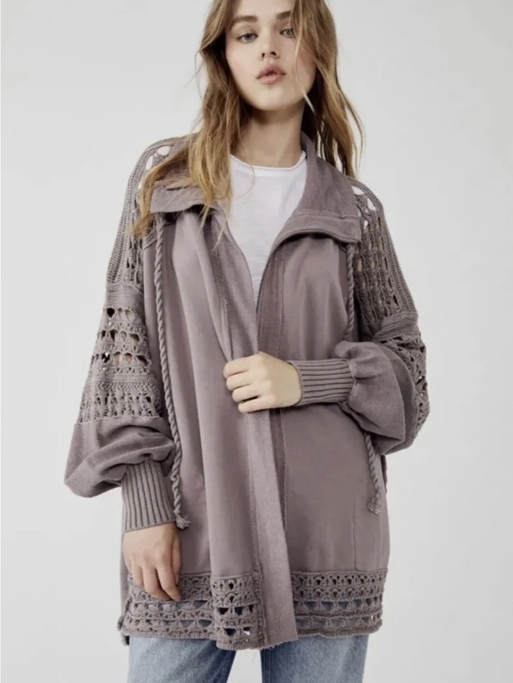 Free People Dune Bug Crochet-Trim Mauve Knit Cardigan Jacket. Size Medium